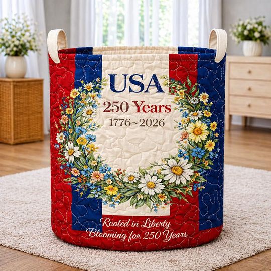 250th Anniversary USA Quilt Laundry Basket, America 250 Years Laundry Basket, 17762026 Patriotic Home Decor, Fourth Of July Clothes Hamper