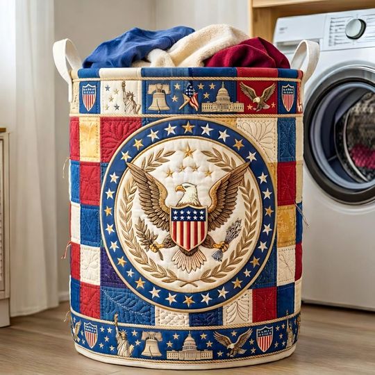 250th Anniversary USA Quilt Laundry Basket, America 250 Years Laundry Basket, 17762026 Patriotic Home Decor, Fourth Of July Clothes Hamper