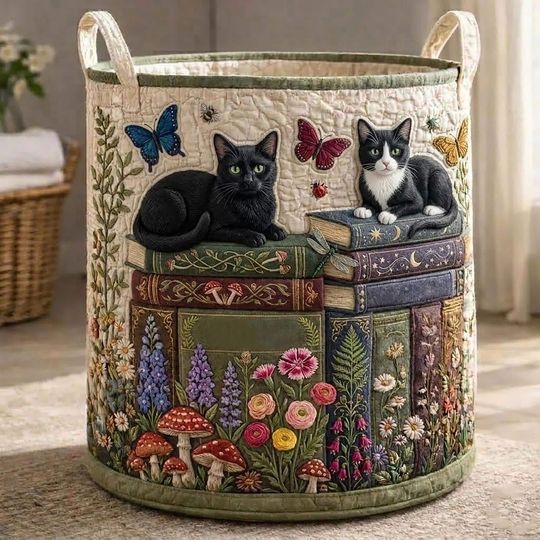Bookish Cat Garden Quilted Laundry Basket: Book Lovers Hamper, Custom Breed Cat Storage Bin