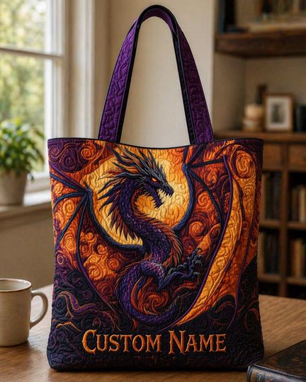 Custom Bookish Dragon Quilted Tote Bag, Handmade Patchwork Fabric Shoulder Bag, Personalized Dragon Reading Book Lovers Gift