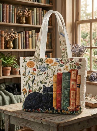 Quilted Cat Book Tote Bag, Vintage Books and Cat Canvas Shoulder Bag, Cute Cat Lover Gift for Readers, Aesthetic Bookish Padded Tote Bag