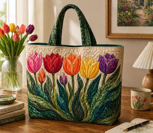 Quilted Tulip Garden Tote Bag, Colorful Floral Patchwork Tote, Artistic Flower Bag, Spring Garden Handbag, Handmade Style Fabric Tote