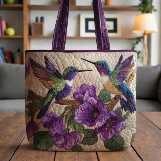Hummingbird Quilted Tote Bag, Purple Floral Bird Bag, Handmade Style Shoulder Bag, Nature Lover Gift, Quilted Cotton Tote