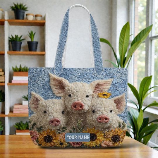Personalized Quilted Pig Tote Bag, Cute Pig With Sunflower Quilted Handbag,  Gift for Animal Lovers & Farmhouse Fans ID-0204-SCPY