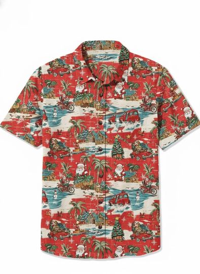 Santa Tropical Hawaiian Shirt, Vintage Beach Aloha Shirt for Men & Women, Holiday Funny Shirt