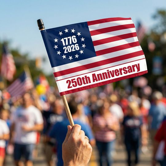 America 250th Anniversary Hand Flag, USA 250 Patriotic Small Flag with Wooden Stick, 1776-2026 Parade Flag, July 4th Celebration Decor