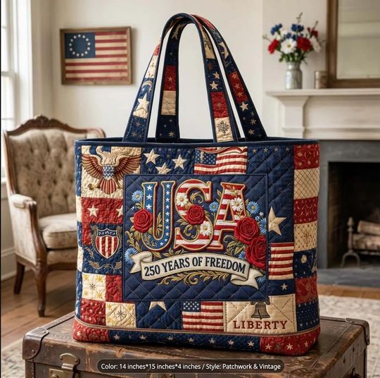USA Quilted Tote Bag, 250 Years Freedom, Vintage Patchwork Purse, Fourth July Bag
