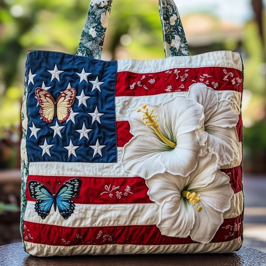 Patriotic Hibiscus Quilted Tote Bag, American Flag Floral Shoulder Bag