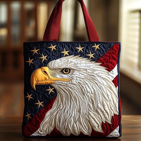 Patriotic Bald Eagle Quilted Tote Bag, American Flag Stars Stripes Handbag