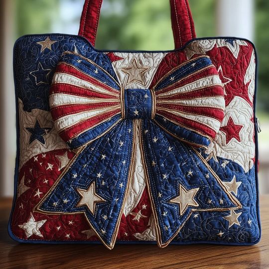 Patriotic American Flag Bow Quilted Tote Bag, USA Stars Stripes Patchwork Handbag