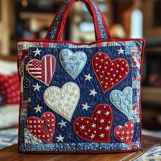 Patriotic Quilted Tote Bag, American Heart Patchwork, Everyday Purse