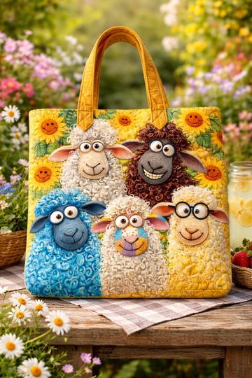 Quilted Sheep Tote Bag, Colorful Illustration Padded Shoulder Bag, Animal Lover Gift , Tote Bag Gift for Women