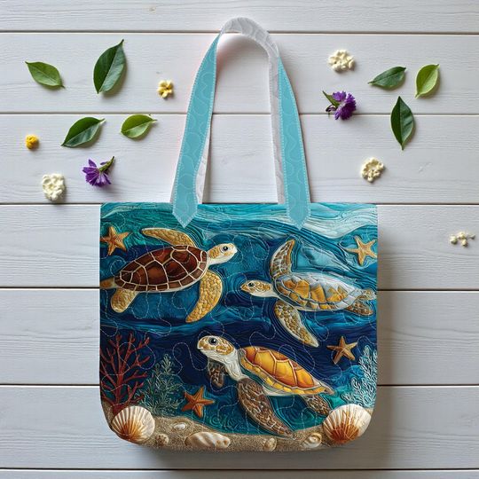 Quilted Sea Turtle Tote Bag  3D Ocean Marine Life Design  Beach Lover Gift, Colorful Ocean Quilted Bag, Coastal Style Tote Bag