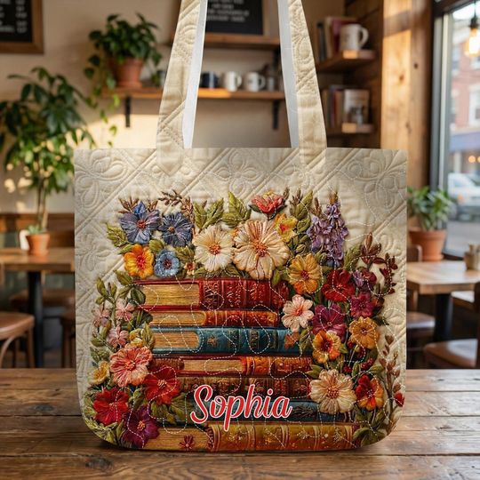 Personalized Book Tote Bag  Custom Name Book Lover Gift, Vintage Books & Flowers Tote