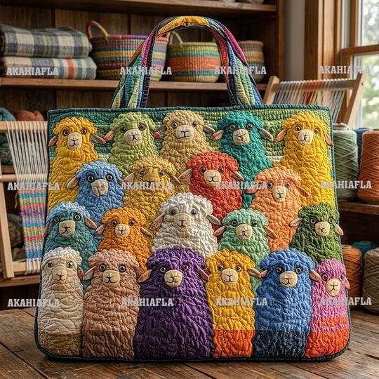 Sheep Colorful 3D All Over Printed Quilted Tote Bag, Sheep Shoulder Bag, Cute Sheep Bag, Handmade Patchwork Tote, Sheep Lover's Gift