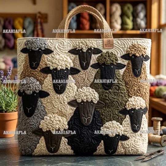 Heaven Sheep 3D All Over Printed Quilted Tote Bag, Sheep Shoulder Bag, Cute Sheep Bag, Handmade Patchwork Tote, Sheep Lover's Gift