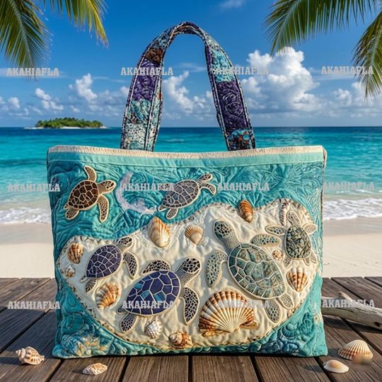 Sea Turtles 3D All Over Printed Quilted Tote Bag, Sea Turtles Shoulder Bag, Sea Turtles Bag, Handmade Patchwork Tote, Sea Turtles Lover Gift