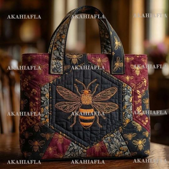 Queen Bees 3D All Over Printed Women Quilted Tote Bag, Cute Bee Bag, Bee Shoulder Bag, Handmade Patchwork Tote, Bee Lover Gift