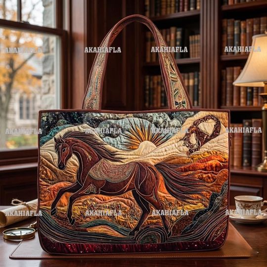 Fire Horse 3D All Over Printed Quilted Tote Bag, Horse Shoulder Bag, Cute Horse Bag, Handmade Patchwork Tote, Horse Lover's Gift