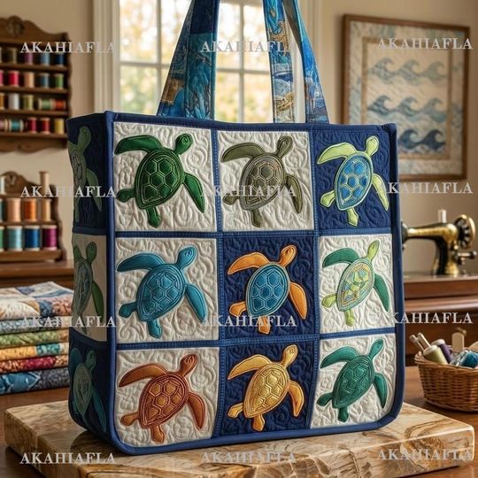 Sea Turtles 3D All Over Printed Quilted Tote Bag, Sea Turtles Bag, Sea Turtles Shoulder Bag, Sea Turtles Lover Gift, Handmade Patchwork Tote