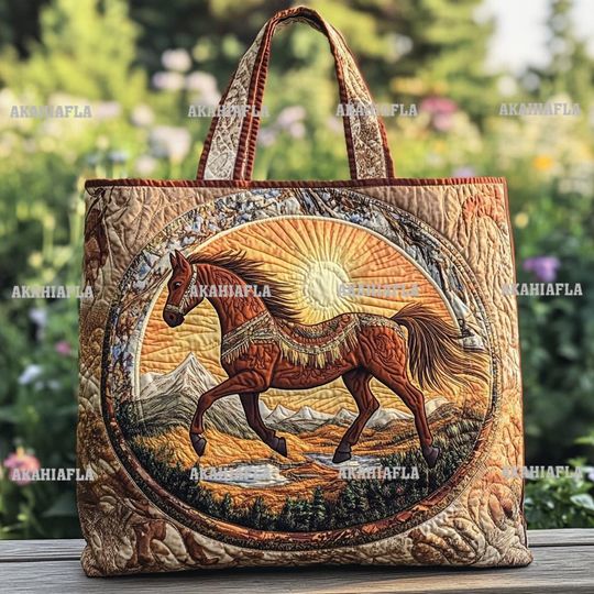 Golden Horse 3D All Over Printed Quilted Tote Bag, Horse Shoulder Bag, Cute Horse Bag, Handmade Patchwork Tote, Horse Lover's Gift