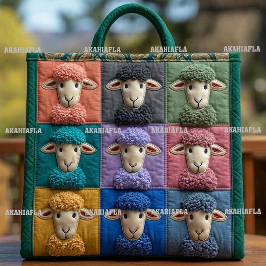Colorful Sheep 3D All Over Printed Quilted Tote Bag, Sheep Shoulder Bag, Cute Sheep Bag, Handmade Patchwork Tote, Sheep Lover's Gift