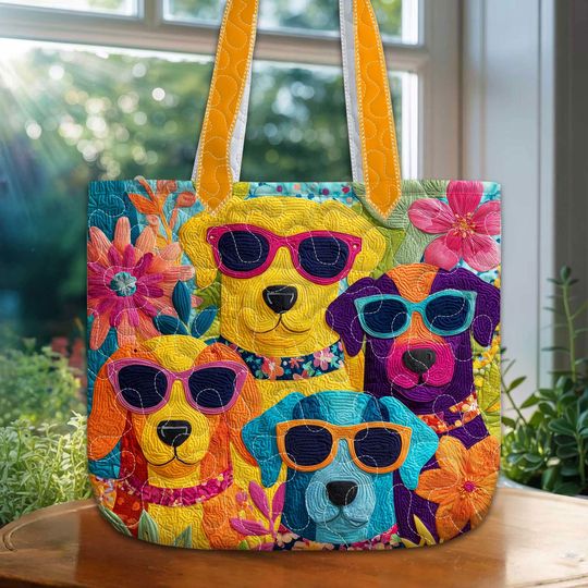 Colorful Dogs Quilt Tote Bag, Dog Lover Gift, Quilt Tote Bag Gift for Dog Mom, Animal Lover Gift, Bags Gift For Dog Lover, Pet Lover Gift