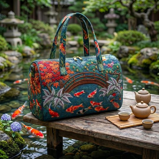 Koi Pond Quilted Duffle Bag, Japanese Garden Style, Nature Lover Gift, Weekend Travel Bag