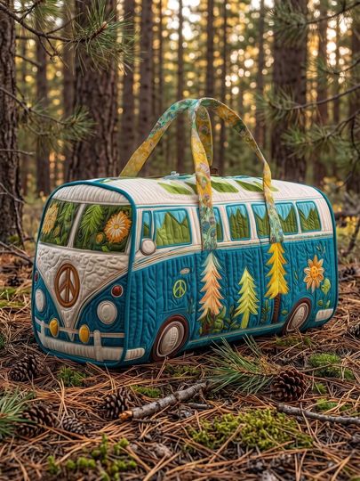 Quilted Camper Van Weekender Bag, Forest Boho Travel Tote, Retro Nature Duffel