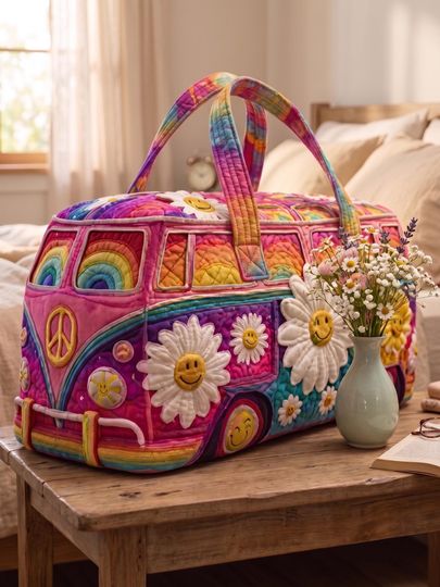 Quilted Camper Van Weekender Bag, Retro Boho Floral Travel Tote