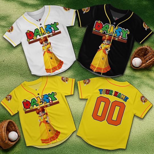 Personalized Princess Daisy Baseball Jersey, Mario Princess Button Shirt, Custom Name Number, Girls Gift
