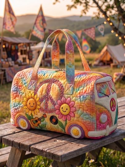 Hippie Camper Duffle Bag Pastel Boho Floral Weekender Peace Sign Travel Bag