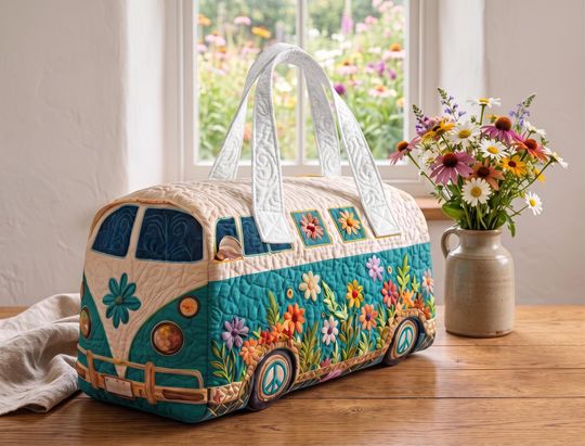 Floral Camper Van Quilted Duffle Bag, Retro Boho Weekender Travel Tote