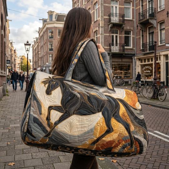 Quilted Horse Duffle Bag, Elegant Equestrian Weekender Travel Tote
