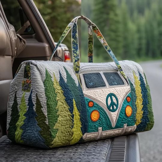 Quilted Camper Van Duffle Bag, Woodland Adventure Weekender Tote, Retro Travel Bag