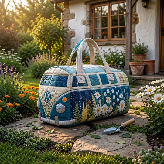 Blue Daisy Camper Van Quilted Duffle Bag, Cottagecore Travel Tote, Retro Overnight Bag