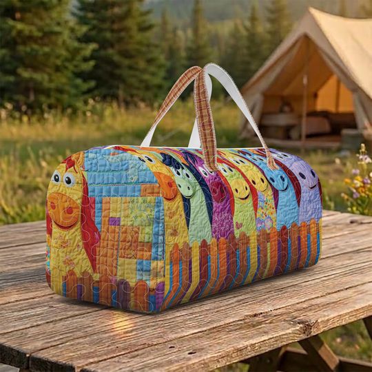 Colorful Pony Horse Quilted Duffle Bag, Rainbow Equestrian Travel Weekender, Bright Animal Shoulder Bag, Kids Fun Pattern Travel Bag Gift