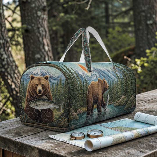 Bear Fishing Quilted Duffle Bag, Wildlife Forest Travel Duffle Bag, Nature Animal Shoulder Bag, Outdoor Adventure Weekend Bag