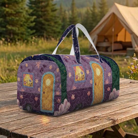 Boho Night Caravan Quilted Duffle Bag, Whimsical Purple Travel Bag, Starry Forest Weekender, Dreamy Glamping Shoulder Bag for Women
