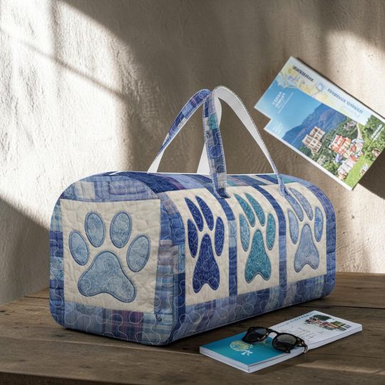 Blue Paw Print Quilted Duffle Bag, Pet Lover Travel Duffle Bag, Cute Dog Paw Shoulder Bag, Weekend Travel Bag, Quilted Carry On