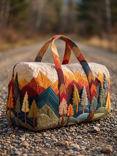 Quilted Mountain Forest Duffle Bag, Rustic Woodland Travel Tote, Nature Overnight Bag