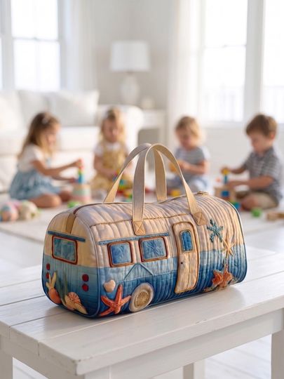 Quilted Camper Trailer Duffle Bag, Beach Weekender Tote, Seaside Travel Bag