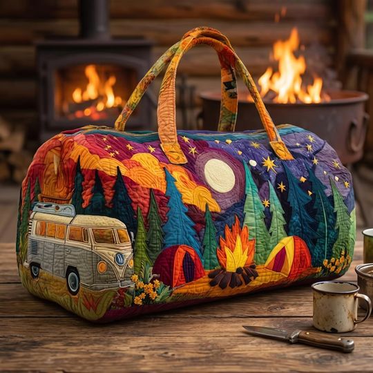 Discover Camping Camper Van Quilted Duffle Bag, Night Forest Weekender Bag, Retro Adventure Travel Tote, Glamping Overnight Bag, Nature Lover Gift