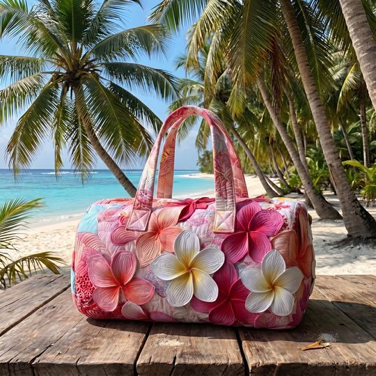 Quilted Tropical Flower Duffle Bag, Hawaiian Plumeria Weekender Tote
