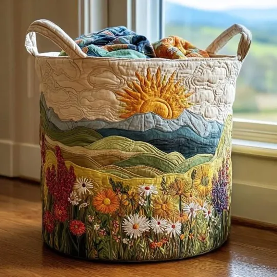 Sunrise Mountain Quilted Laundry Basket Wildflower Landscape Storage Hamper Bin
