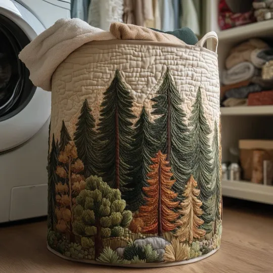 Pine Forest Quilted Laundry Basket with Evergreen Tree Design, Storage Hamper, Woodland Bin