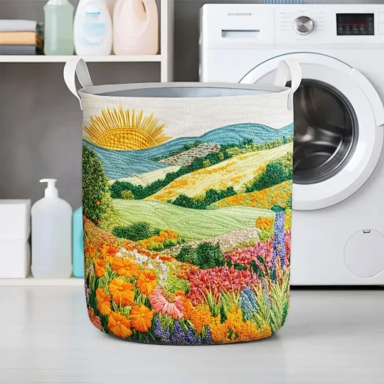Mountain Landscape Quilted Laundry Basket, Floral Hamper, Scenic Home Storage
