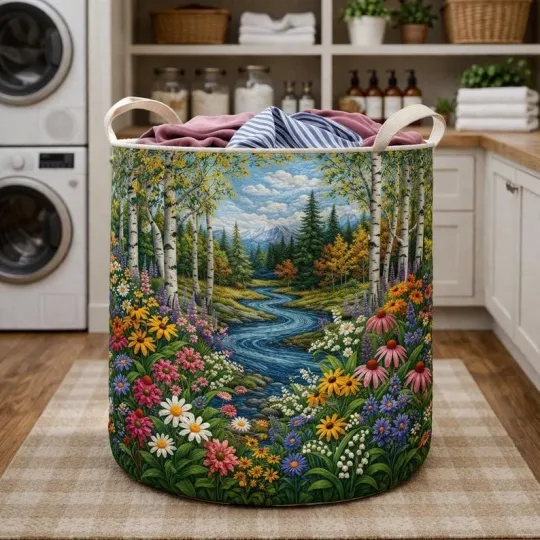 Birch Forest Quilted Laundry Basket with Colorful Floral Design Fabric Storage Bin for Home Organization