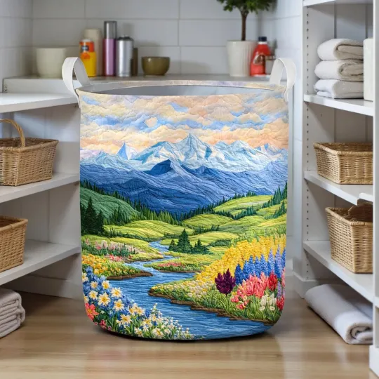 Mountain Landscape Quilted Laundry Basket with Scenic Flower Design