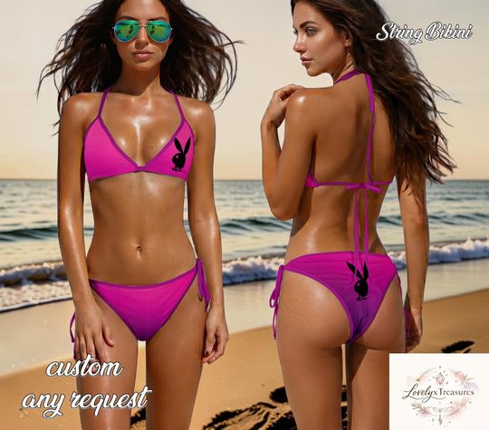 Pink Bunny Bikini Set, Sexy Logo String Bikini, Gradient Triangle Swimsuit, Cute Summer Beachwear Women